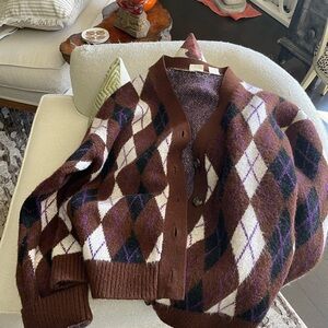 Levi's Brown Argyle Cardigan with Cream and purple accents